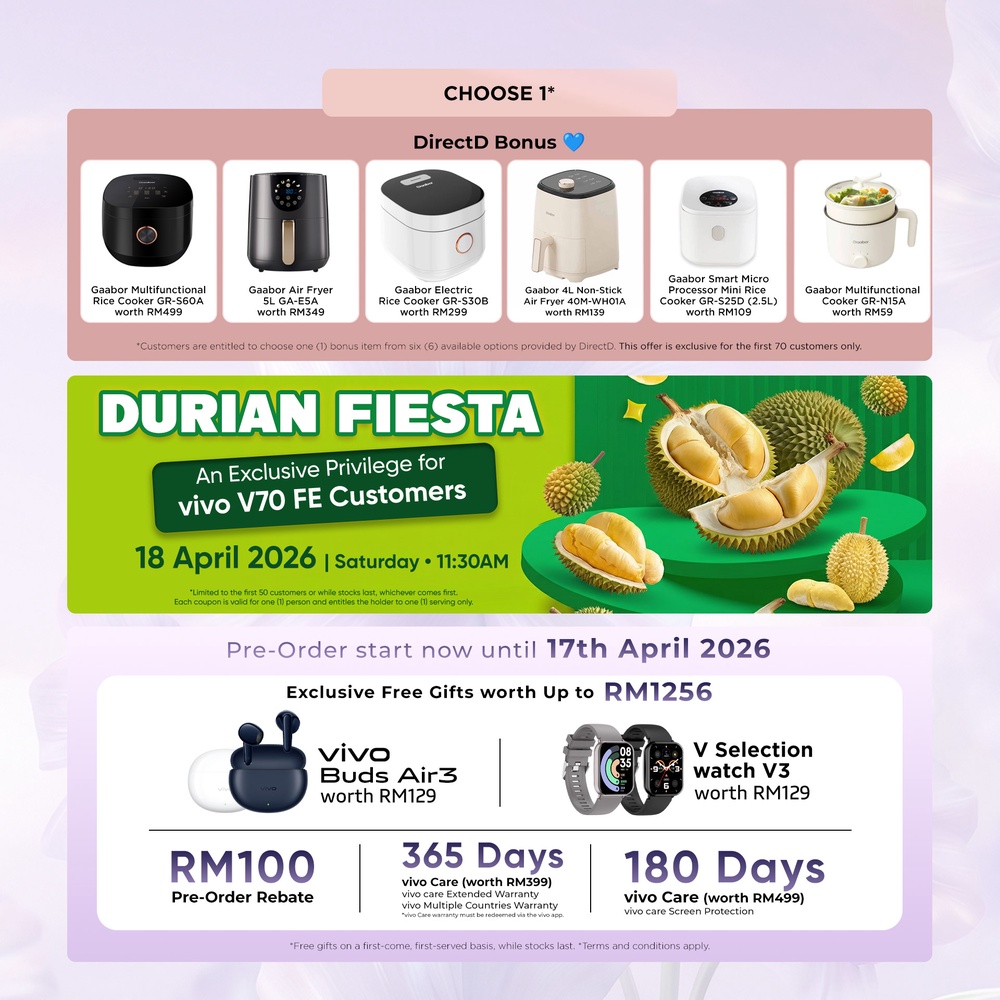 Image from: Buying a vivo V70 FE? Enjoy Durian and a free bonus kitchen appliance at DirectD on 18 April 2026
