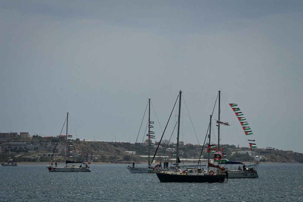 Vessels from the Global Sumud Flotilla, intercepted by the Israeli Navy in international waters, are moored off the coast of the ctown of Ierapetra, on the island of Crete, on May 1, 2026. — AFP pic 