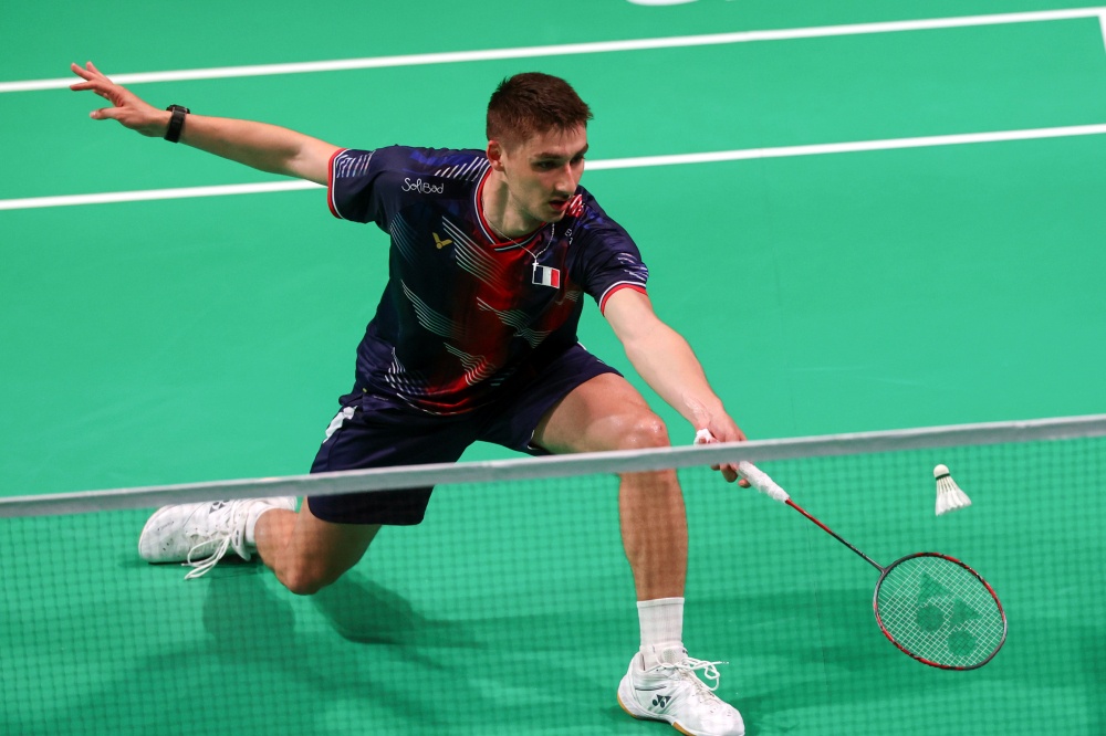 France’s Christo Popov plays against China’s Shi Yu Qi during the BWF Thomas Cup final at Forum Horsens in Horsens, Denmark, May 4, 2026. — Bernama pic