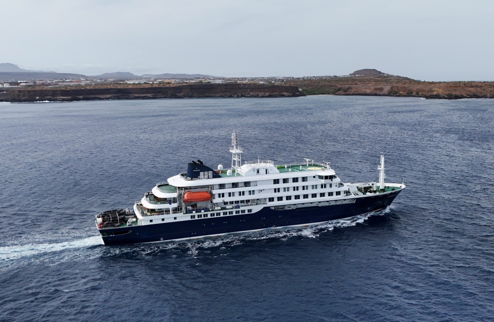 A drone view of the cruise ship MV Hondius, carrying passengers suspected of having cases of hantavirus on board, leaves Praia, Cape Verde May 6, 2026. — Reuters/Stringer pic