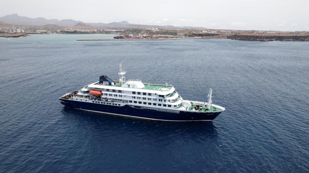 A drone view of the cruise ship MV Hondius, carrying passengers suspected of having cases of hantavirus on board, as it prepares to leave Praia, Cape Verde, May 6, 2026. — Reuters pic