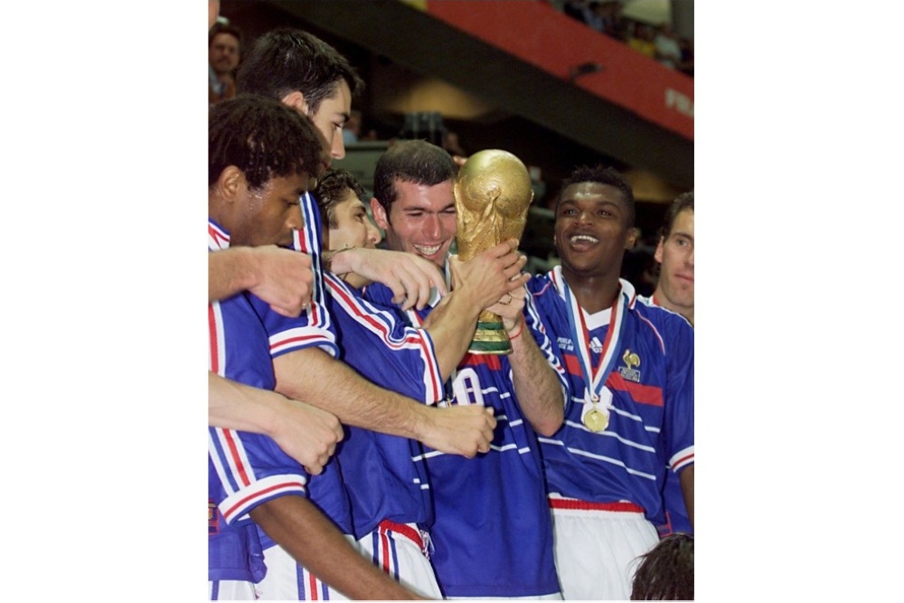 This file picture shows France players (from left) Bernard Diomede, Robert Pires, Bixente Lizarazu, Zinedine Zidane, Marcel Desailly and Laurent Blanc celebrating with the Fifa World Cup trophy after their 1998 final against Brazil at the Stade de France in Saint-Denis, July 12, 1998. — AFP pic