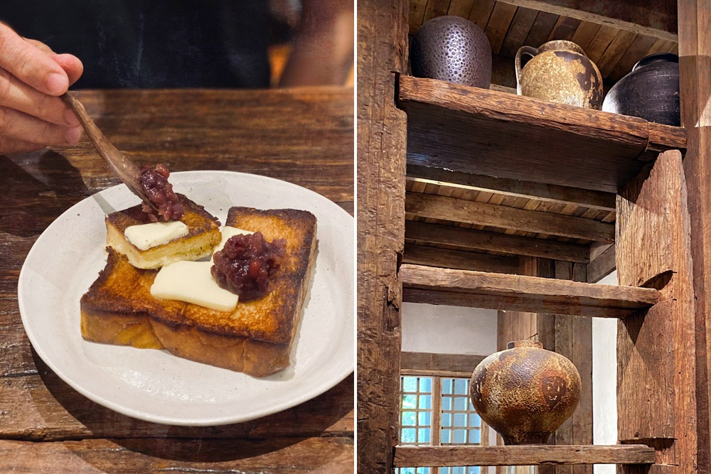 Red bean toast (left). Pottery on the shelves at Shan Mu PJ (right). — Picture by CK Lim