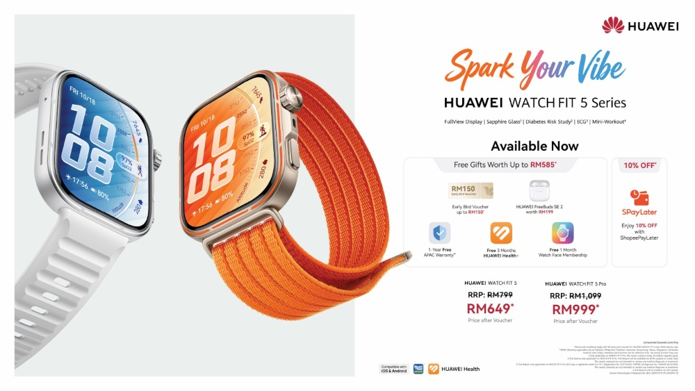 The Huawei WATCH FIT 5 Series is now available in Malaysia from RM799, with early bird vouchers of up to RM150 offered through Huawei Experience Stores and the brand’s official online platforms including Shopee, Lazada and TikTok Shop. — Picture courtesy of HUAWEI Consumer Business Group (CBG) Malaysia