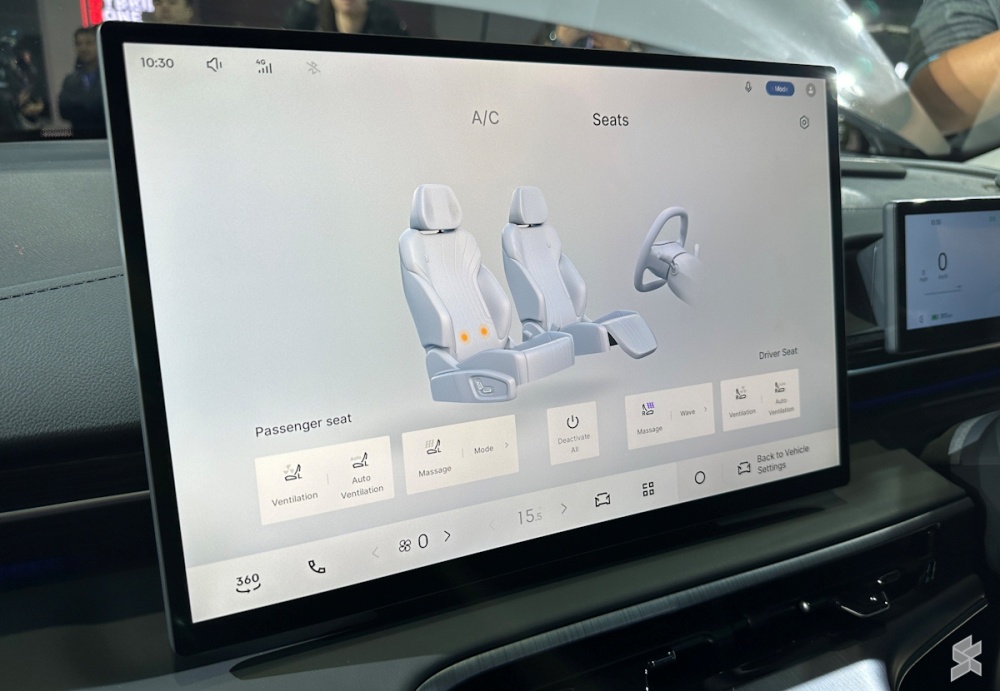 The e.MAS 7 Premium Plus introduces massage functions for both front occupants, accessible through the vehicle's central touchscreen. — SoyaCincau pic