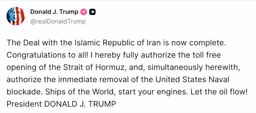 Social media post by US President Donald Trump announcing a deal with Iran to end their war, June 14, 2026. — Social media website handout pic via Reuters