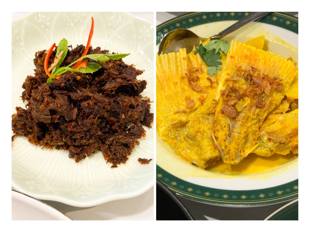 Everyone’s favourite Daging Tumbok Berlada (left) and the unique ‘kampung’ style Masak Lemak Tulang Ikan Merah Kering Nanas (right). — Pictures by Lee Khang Yi
