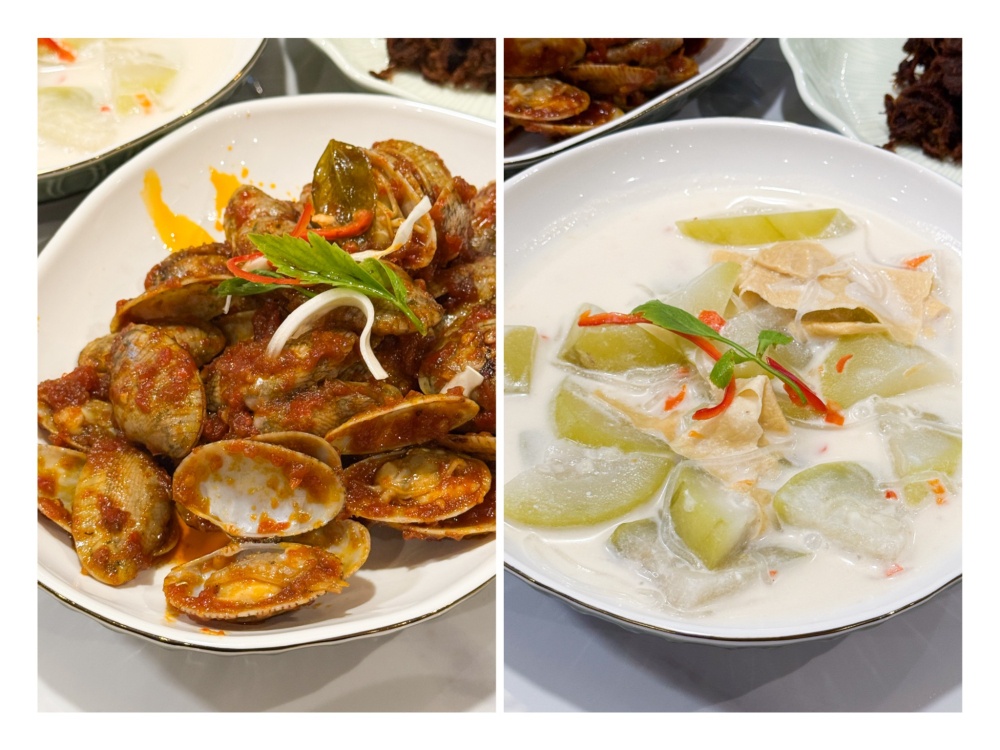 Lala Sambal (left) uses clams fried in a mild ‘sambal’ while Sayur Labu Masak Lemak Putih (left) is soupy with coconut milk. — Pictures by Lee Khang Yi