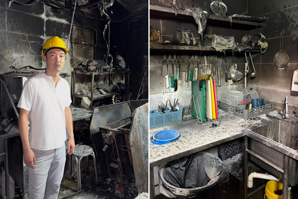 Yap checking the damage after a fire destroyed his cafe's kitchen. — Picture courtesy of Giggles PJ