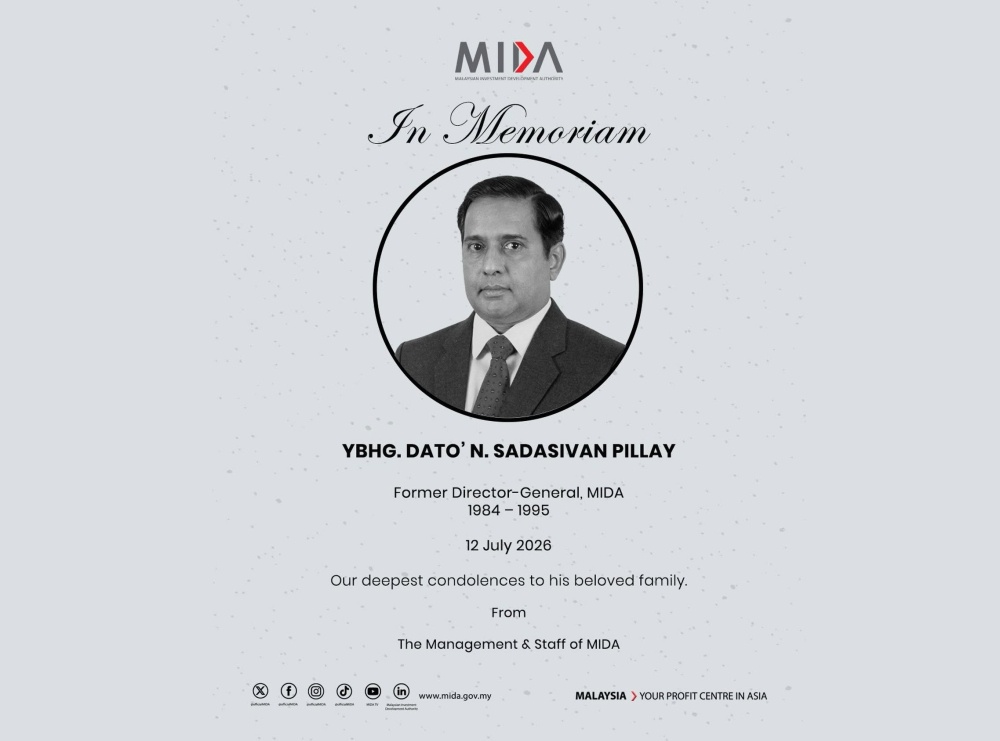 Mida shares tribute to former director‑general Datuk N. Sadasivan Pillay. — Picture via Facebook/Malaysian Investment Development Authority-MIDA