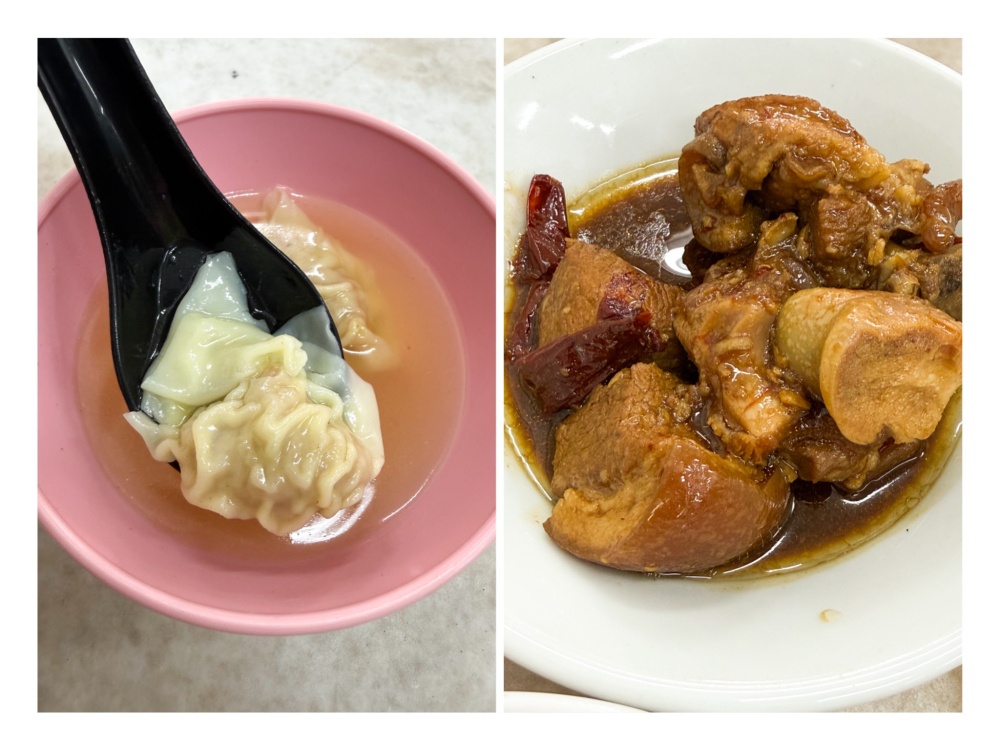 'Wantans' (left) are served in a bowl of 'ikan bilis' broth. Pork Trotters (right), served with that savoury-spicy sauce, are often ordered alongside a bowl of their noodles. 