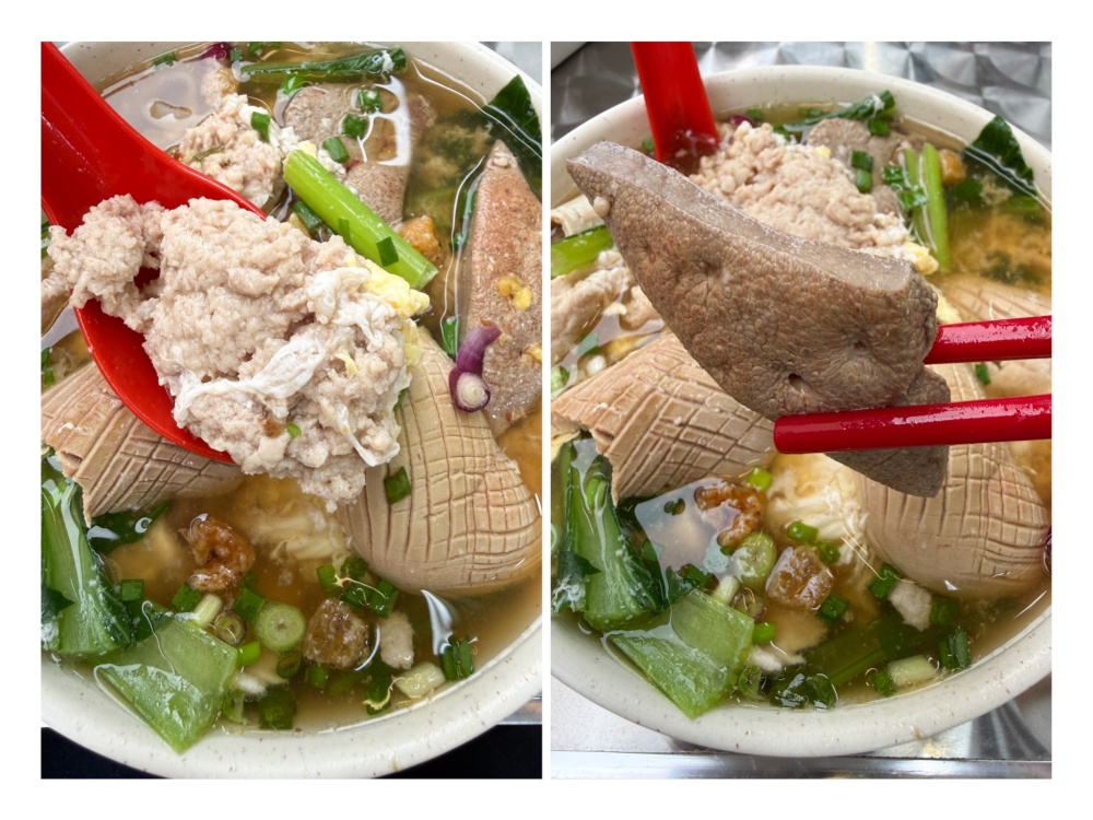 Minced pork shaped into a patty has a fluffy texture (left). Liver is cut thick, making it a delightful bite (right) — Pictures by Lee Khang Yi