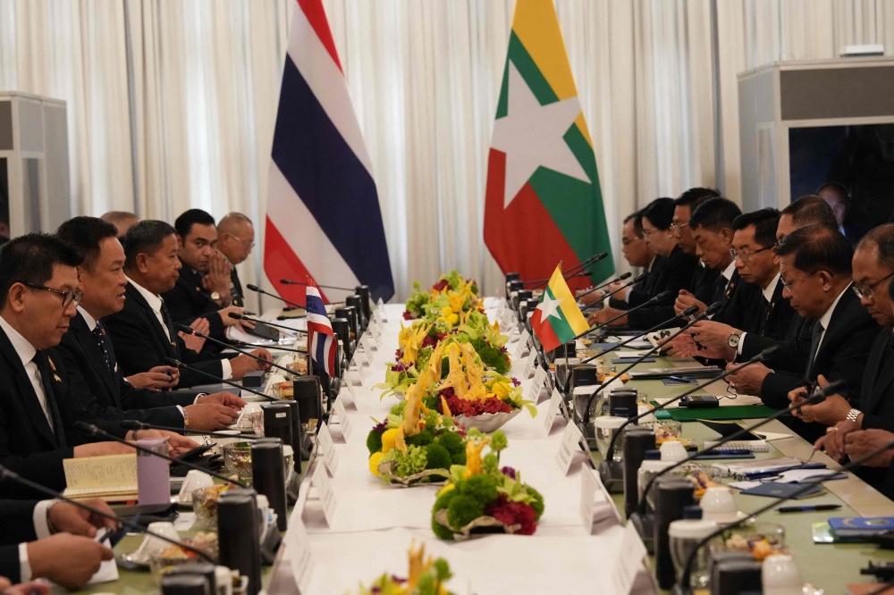 Thailand’s Prime Minister Anutin Charnvirakul speaks during a bilateral meeting with Myanmar’s President Min Aung Hlaing at Government House in Bangkok on August 6, 2026. — AFP pic