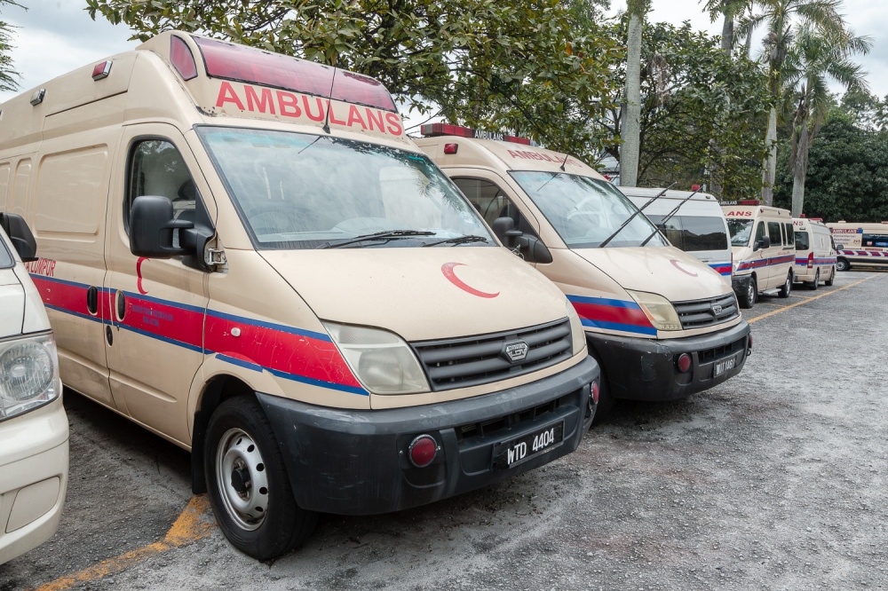 A file picture of ambulances parked at Hospital Kuala Lumpur on January 22, 2025. — Picture by Raymond Manuel