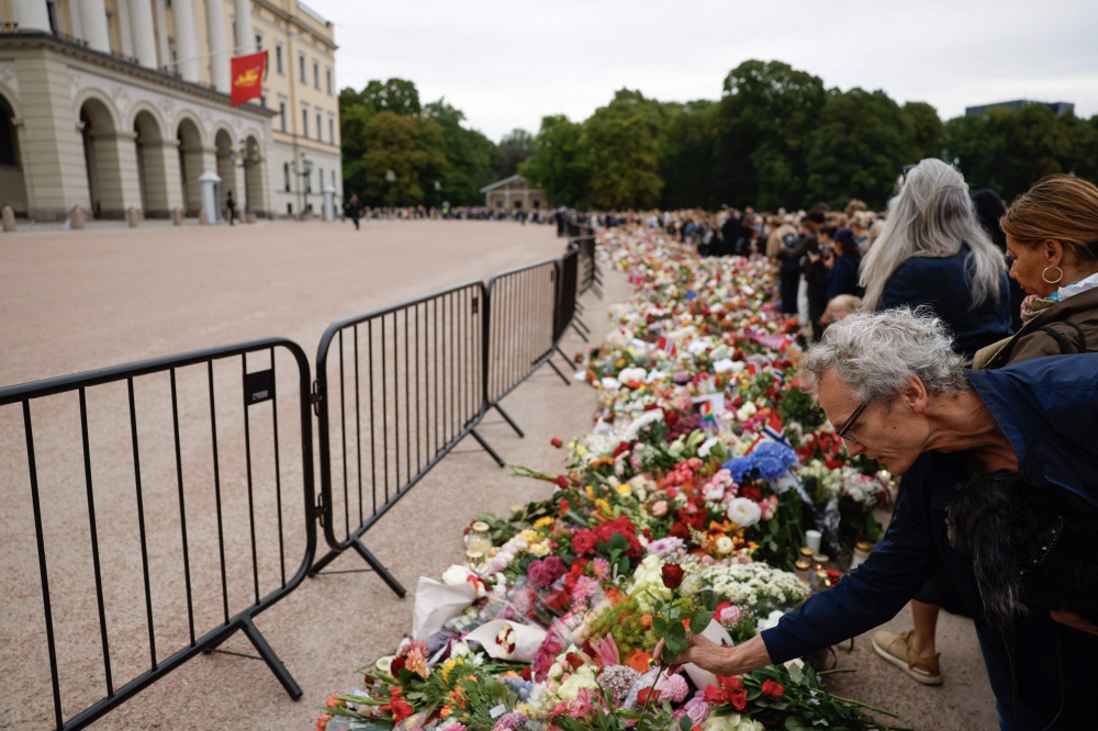A mourner lays a red rose at a makeshift memorial for late King Harald V of Norway at the Royal Palace square in Oslo on August 28, 2026, as thousands gathered to pay tribute to the monarch, who died aged 89 after 35 years on the throne. — AFP pic