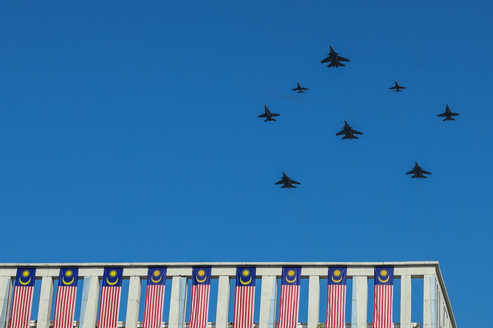 Royal Malaysian Air Force (RMAF) fighter jets soar above the crowd during the National Day 2026 parade at Dataran Putrajaya in Putrajaya on August 31, 2026. — Picture by Yusof Isa