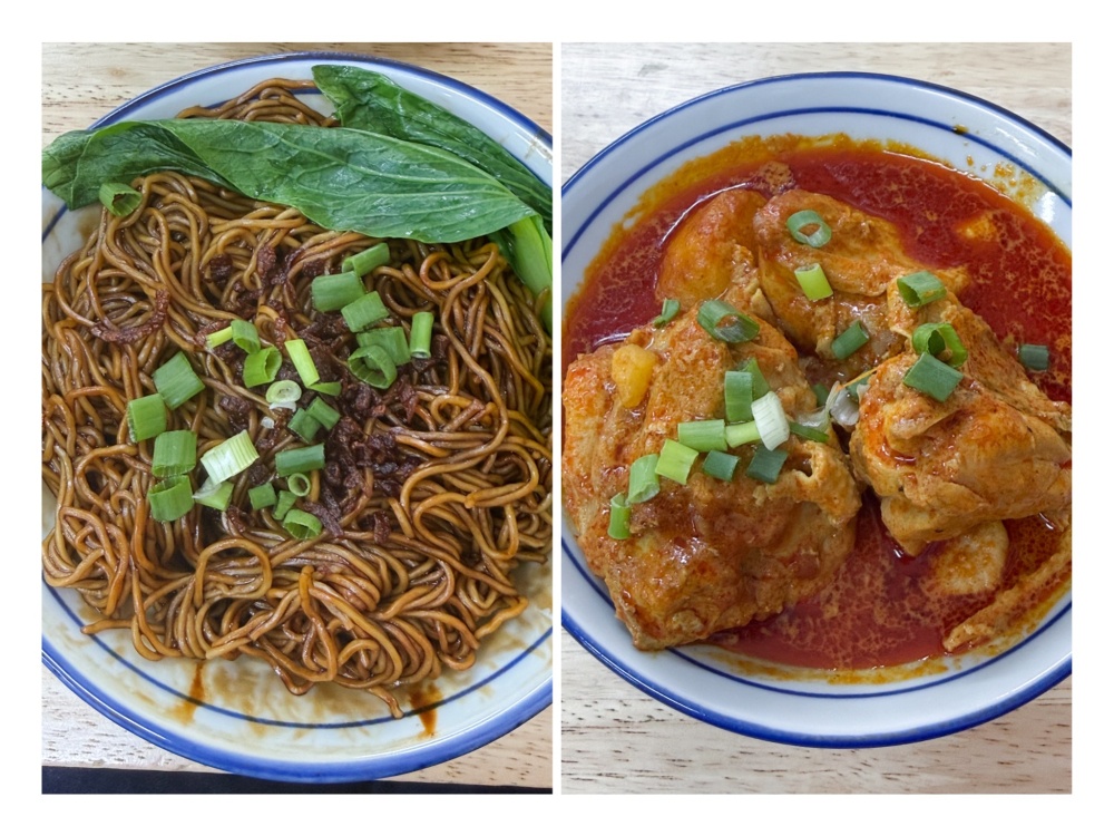 Springy egg noodles (left) are tossed in dark soy sauce and paired with various toppings. Curry chicken (right) with large chunks of chicken is served with soft cooked potatoes and a fragrant curry. — Picture by Lee Khang Yi