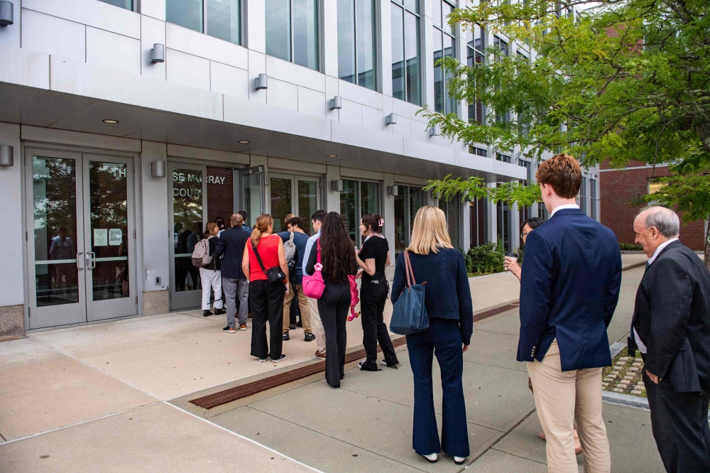 People arrive to get in line to enter the courthouse during the Lindsay Clancy’s murder trial at Plymouth Superior Court in Plymouth, Massachusetts on September 1, 2026. Clancy has pleaded not guilty by reason of insanity, saying she heard a voice ordering her to kill her children. Her lawyers say this was caused by postpartum psychosis. — AFP pic
