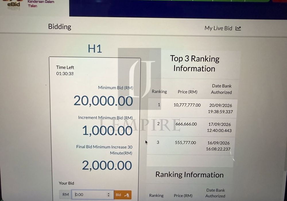 An unconfirmed screenshot shows an online bid for the ‘H1’ vehicle plate for RM10.777 million, possibly a new record for the highest JPJ number plate bid in Malaysia. — Picture from Facebook/J Empire Car Plate
