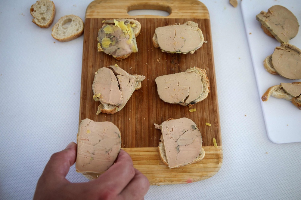 A photograph shows slices of foie gras on the first day of the national duck vaccination campaign, in Labarthete, southwestern France September 2, 2023. — AFP pic