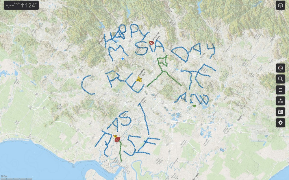The completed GPS art with a message ‘Happy Msia Day. Create As 1. And Rise’. — Picture courtesy of Imran Zainal