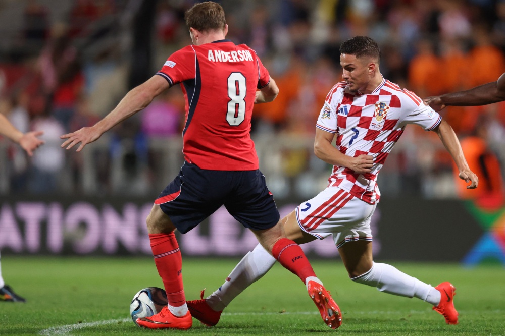 Croatia’s forward #7 Franjo Ivanovic (right) vies for the ball  during the Uefa Nations League, league A day 3: Group 3, football match between Croatia and England at the Stadion HNK Rijeka stadium in Rijeka, Croatia, on October 3, 2026. — AFP pic