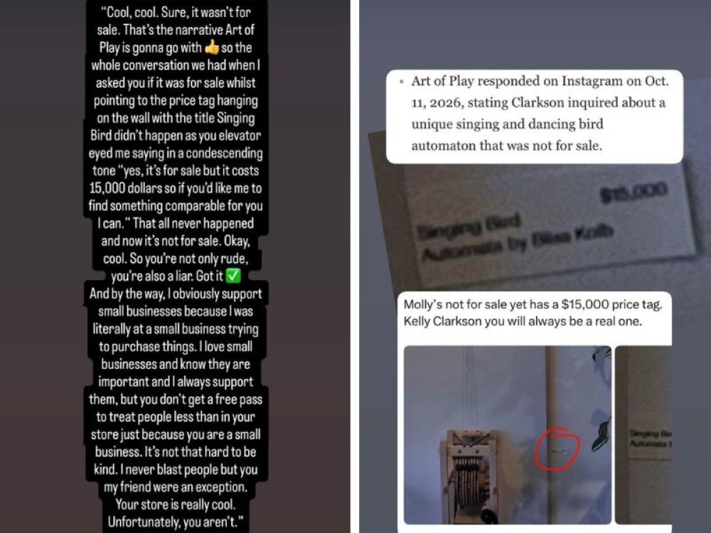 US singer Kelly Clarkson accused New York shop Art of Play on X of treating her as if she could not afford its goods and of lying about whether a US$15,000 (RM61,300) singing bird automaton was for sale, which the shop says is not for sale. — Screenshots from X/kellyclarkson