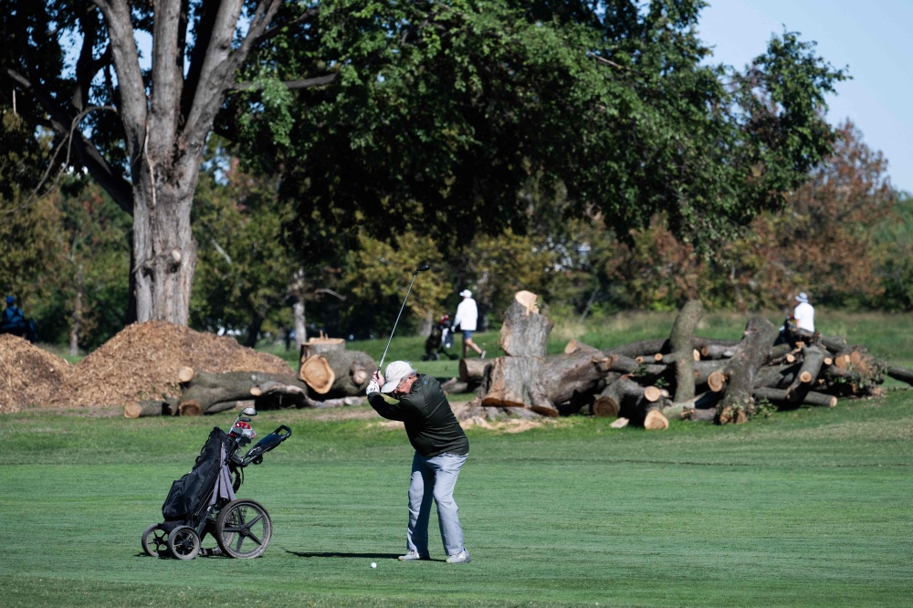 A golfer plays on the course near cut down trees at East Potomac Golf Links near Hains Point in Washington, DC, October 19, 2026. — AFP 