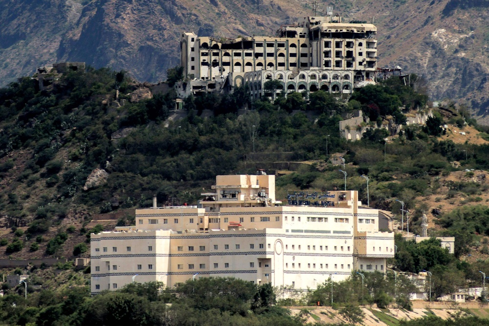 The Al-Saeed Hotel building is pictured above the Yemen International Hospital building in Taiz on October 24, 2026, following airstrikes the previous day. — AFP pic