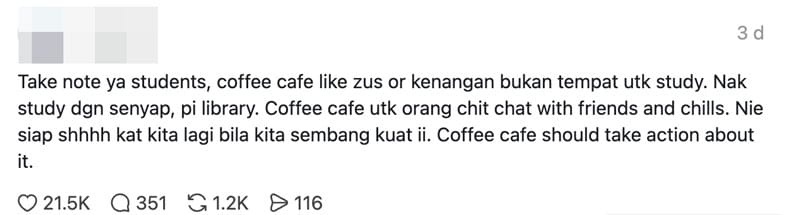 Image from: 在 Cafe 聊天竟被学生「Shhh」？大马网友发文吐槽，引发两派热议！