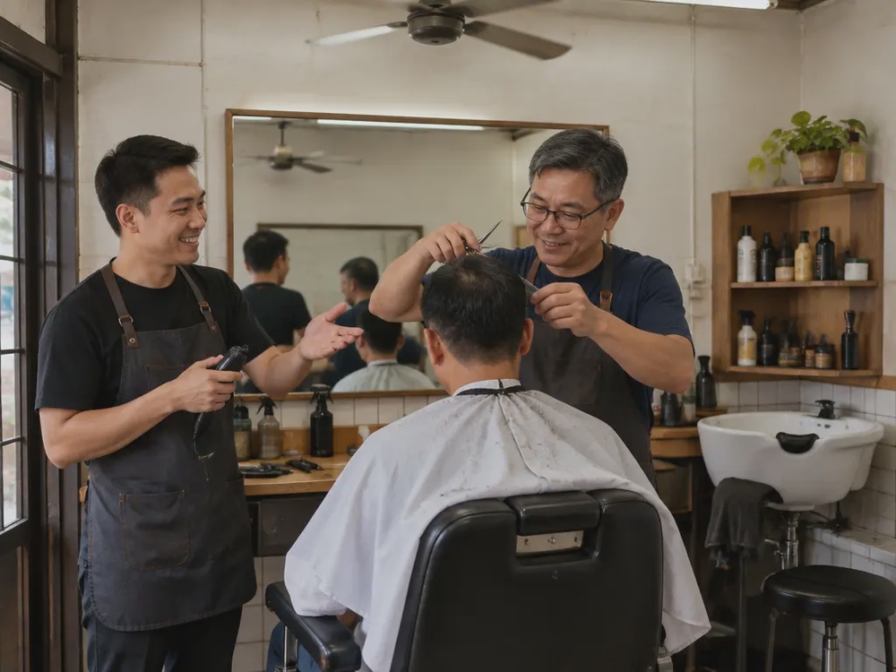 马来西亚乡村的社区理发店里，一名理发师正为顾客理发，另一名理发师拿着电动推剪在旁笑着指向他，呈现同业之间互相推荐、带动的日常场景。