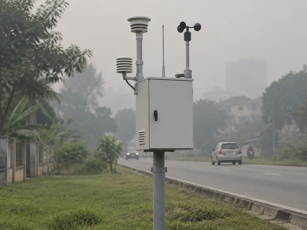 马来西亚路边空气素质监测站的白色机柜与顶部风速计，背景是一片灰蒙烟霾