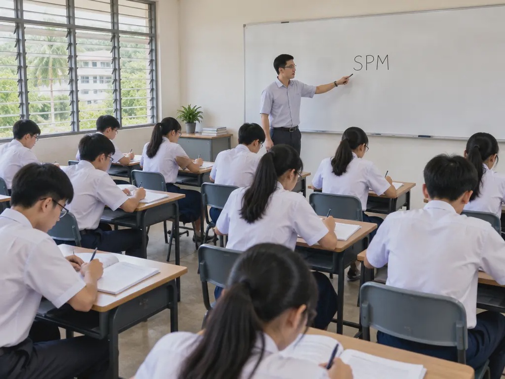 马来西亚华裔中学生在教室内进行SPM考前辅导，老师在白板上讲解答题结构