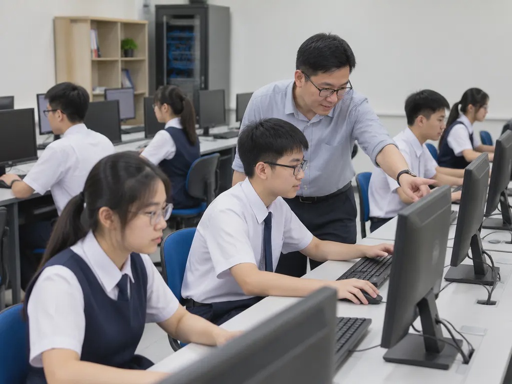 学校的数码学习电脑室内，华裔学生在使用电脑进行学习活动