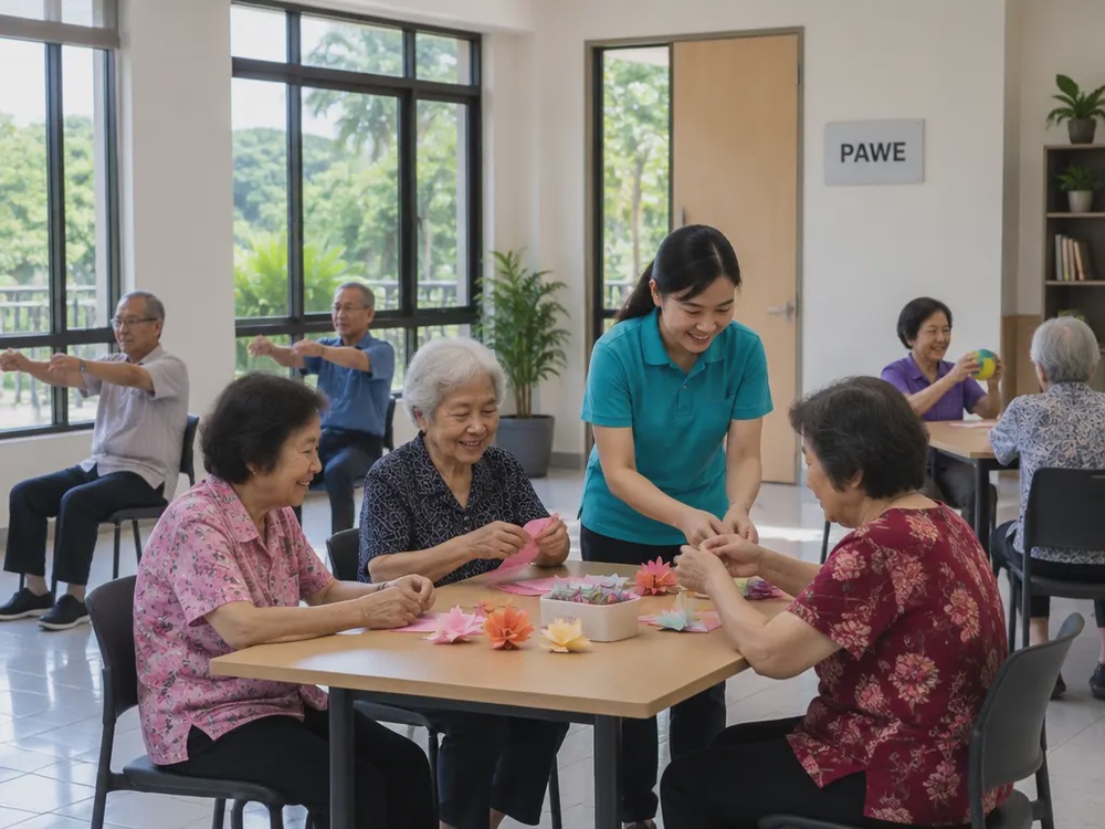 乐龄人士在乐龄人士活动中心(PAWE)内参与活动,由照护人员从旁协助,示意雪州为长者提供的福利基础设施支援。