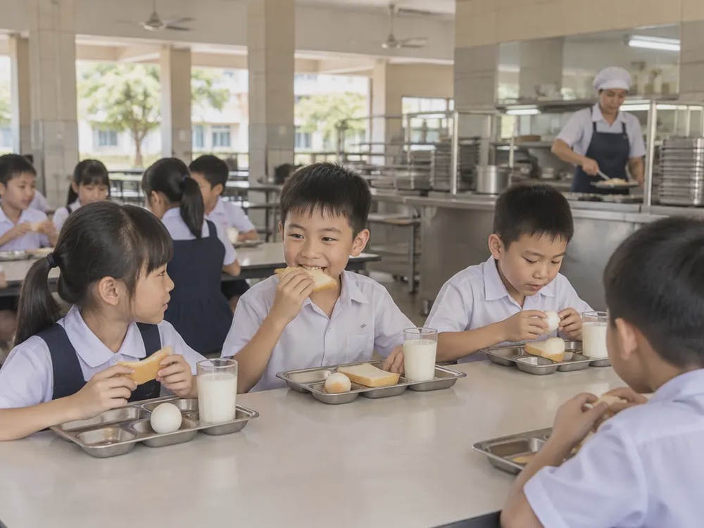 小学生在学校食堂享用简单早餐,示意图中雪州为在校学生提供的免费早餐计划。