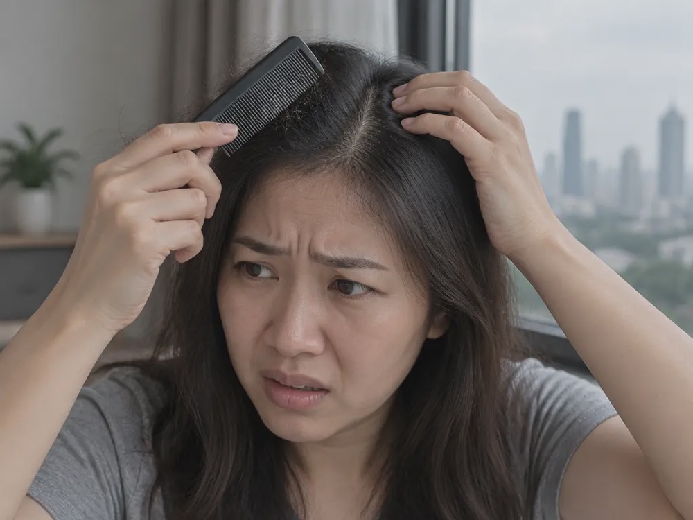 一名马来西亚华裔女子在室内用细齿梳检查头皮,发际和梳子上可见头皮屑与掉发,窗外是烟霾天气。
