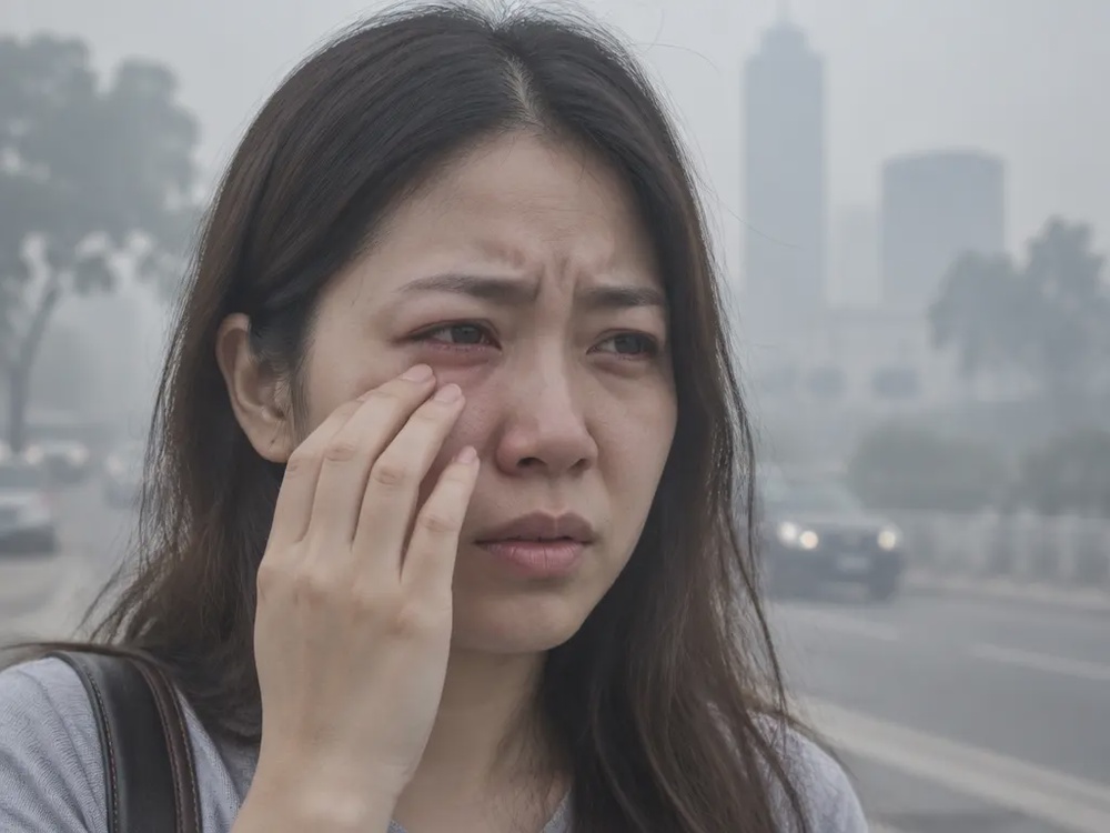 烟霾环境中,一名马来西亚华裔女子眯眼并触摸发红流泪的眼周,示意眼睛受到刺激。
