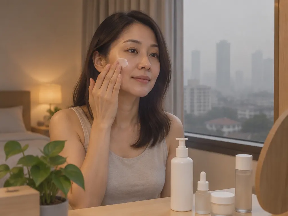 一名马来西亚华裔女子在室内窗边将保湿产品涂抹在脸上,桌上放着几瓶无品牌的护肤瓶罐,窗外是烟霾天空。