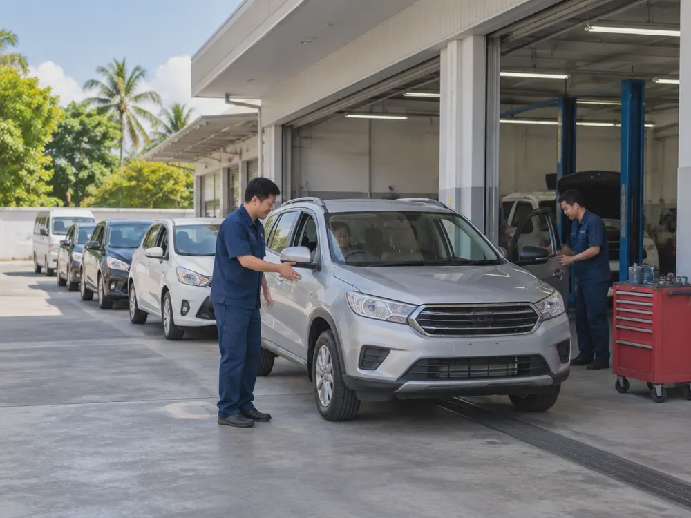 马来西亚一间通用汽车维修中心外，多辆无品牌紧凑型SUV、掀背车和小型客货车排队等待转向安全检查，一名穿深蓝色制服的服务顾问引导车辆进入维修工位