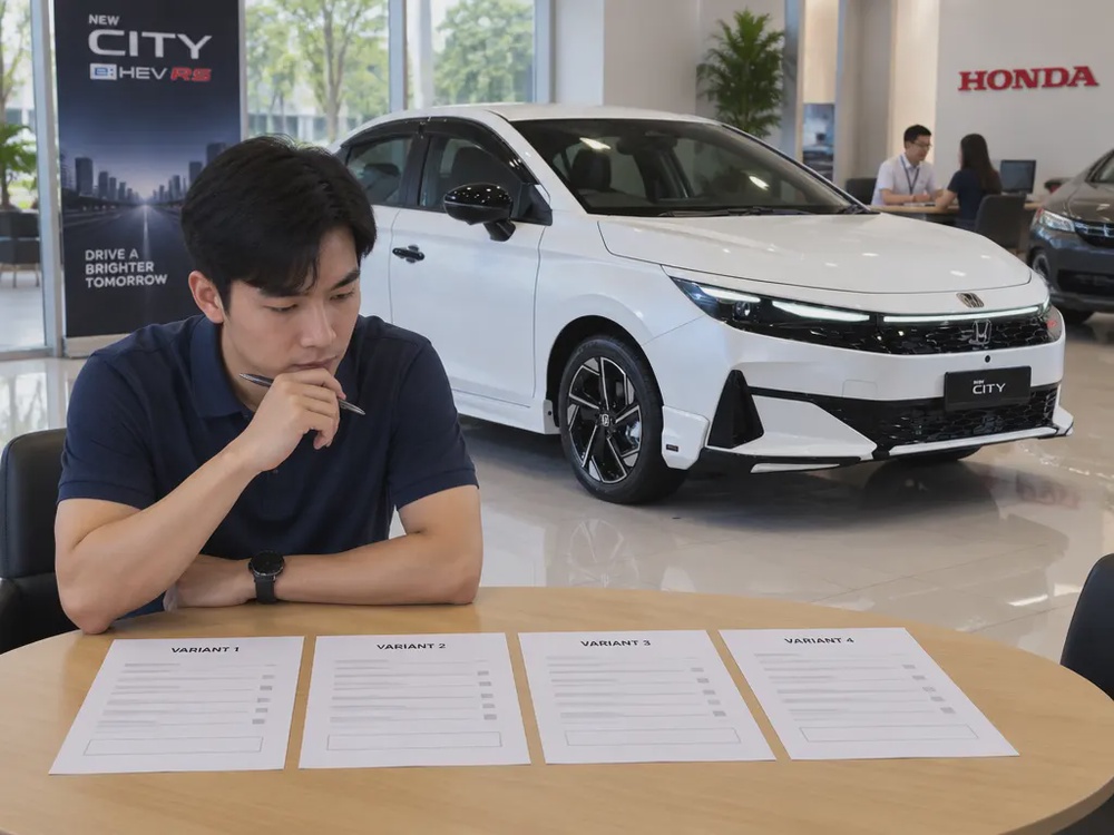 消费者在Honda City混动RS示意车旁比较四份车款报价资料