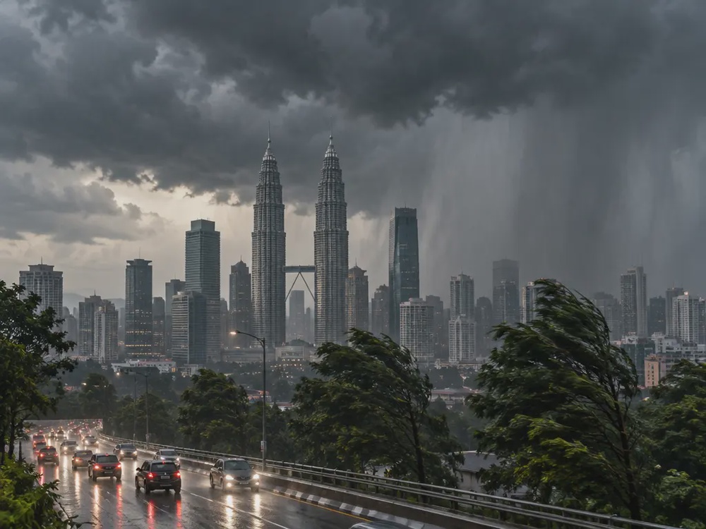 示意图：吉隆坡市区上空乌云密布，远处可见强降雨。