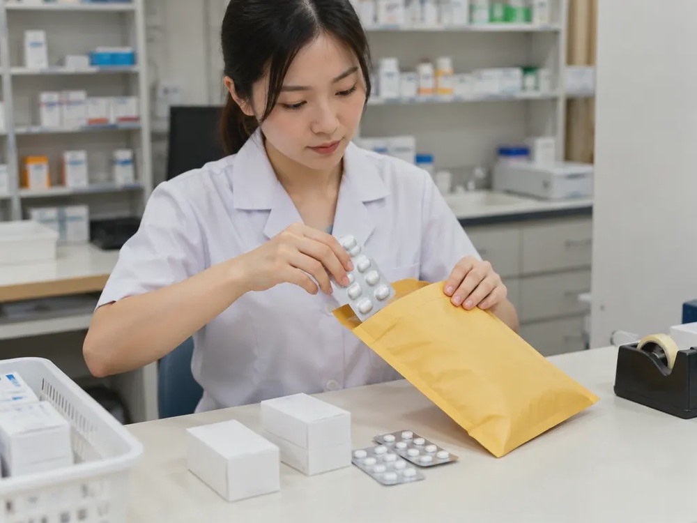 示意药房人员将药物装入邮寄包裹。