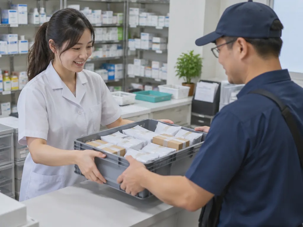 示意邮递人员从诊所领取待寄送的药物包裹。