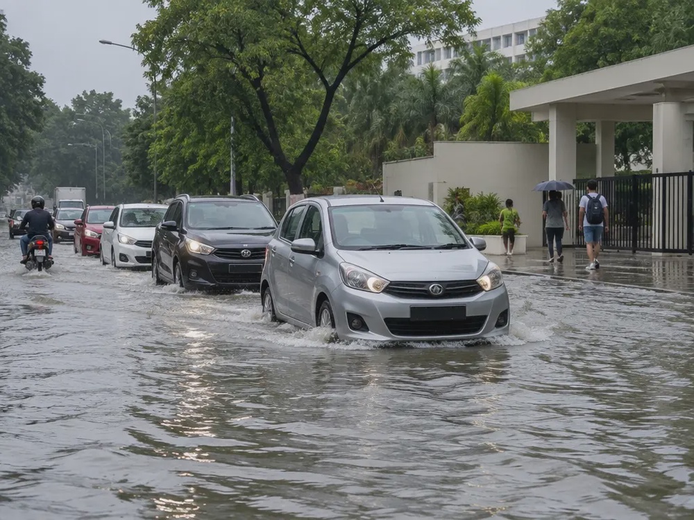 示意图：大学校园外围道路积水，车辆缓慢通行。