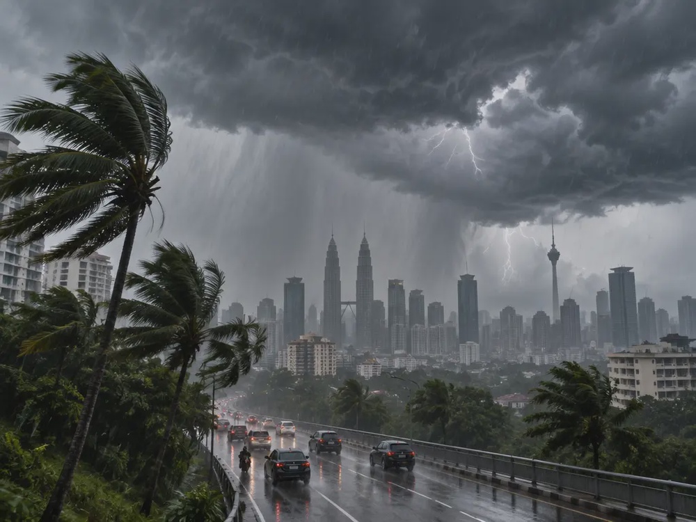 示意图：雷雨笼罩城市，强风吹动路旁树木。