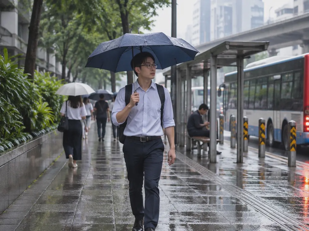示意图:吉隆坡城市路段的通勤者撑伞出行。