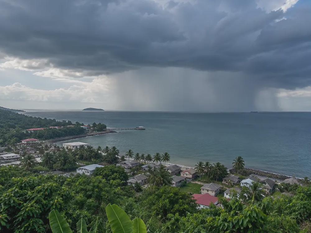 示意图:东马沿海地区上空出现雷云和雨幕。