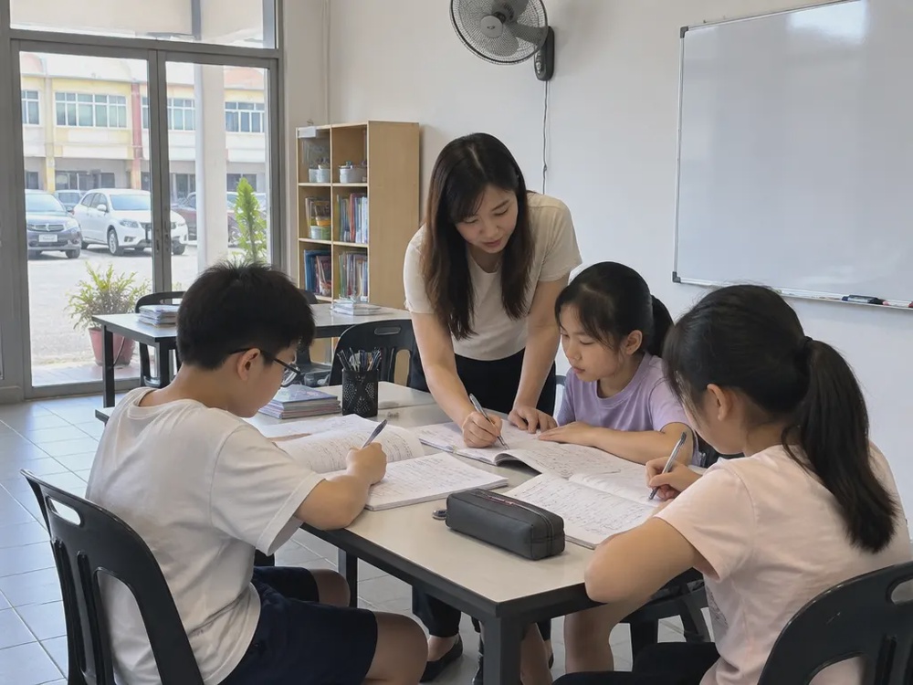 示意图:补习中心老师指导孩子做练习。