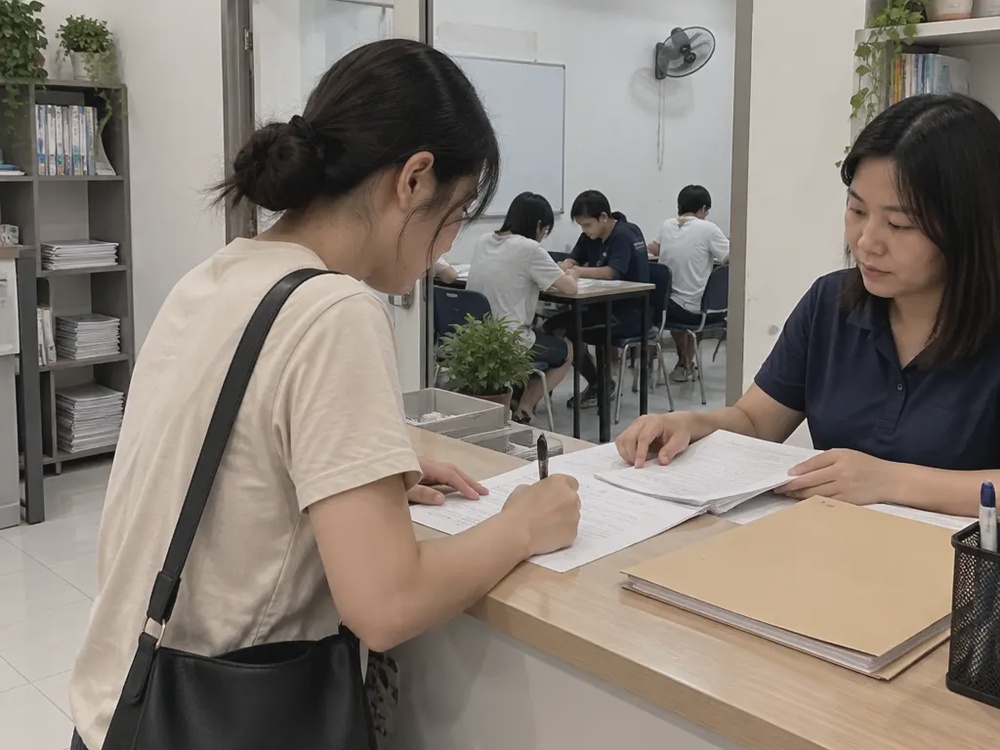 示意图:补习中心柜台上的注册或执照更新文件。